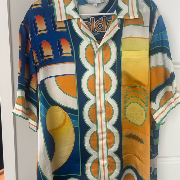 Blue and Orange Casual Button Down Shirt with Retro Design
